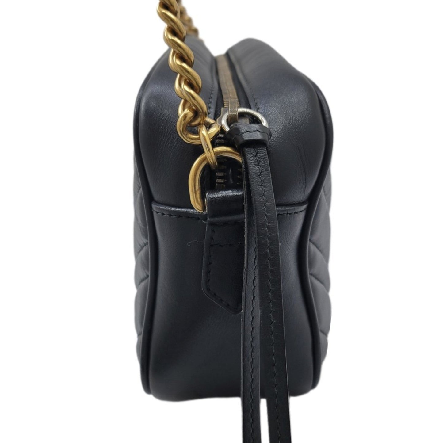 GUCCI GG Marmont Chain Shoulder Bag 447632 Leather Black Gold G Hardware Camera Women Men Unisex