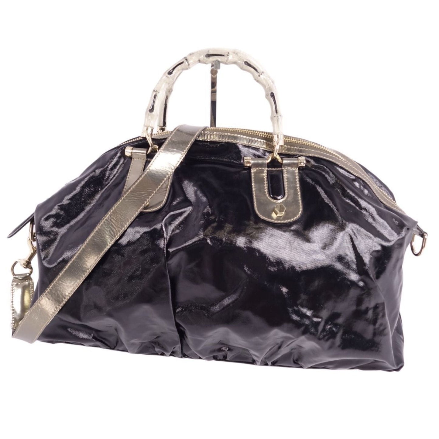 GUCCI bag 2way Boston canvas leather bamboo men's women's black/gold