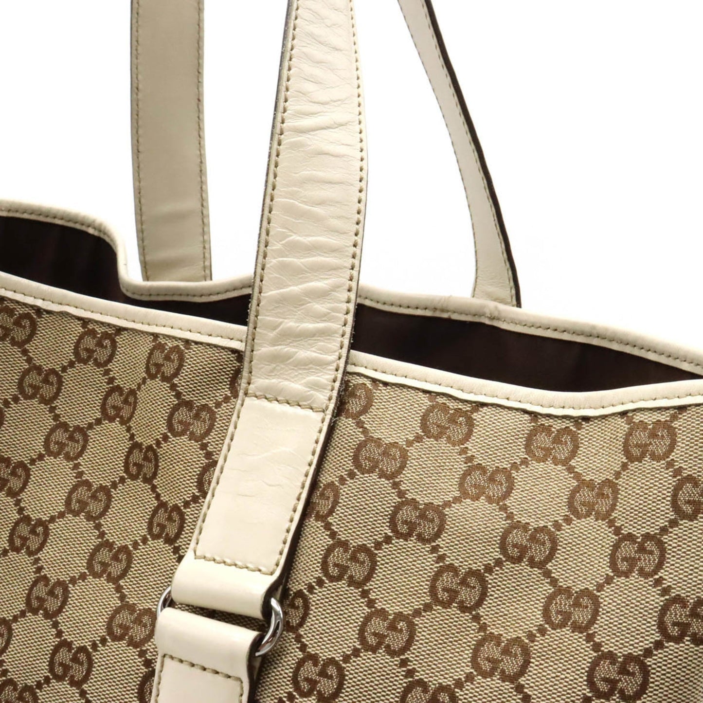 GUCCI GG Canvas Tote Bag Shoulder Leather Khaki Beige 153238