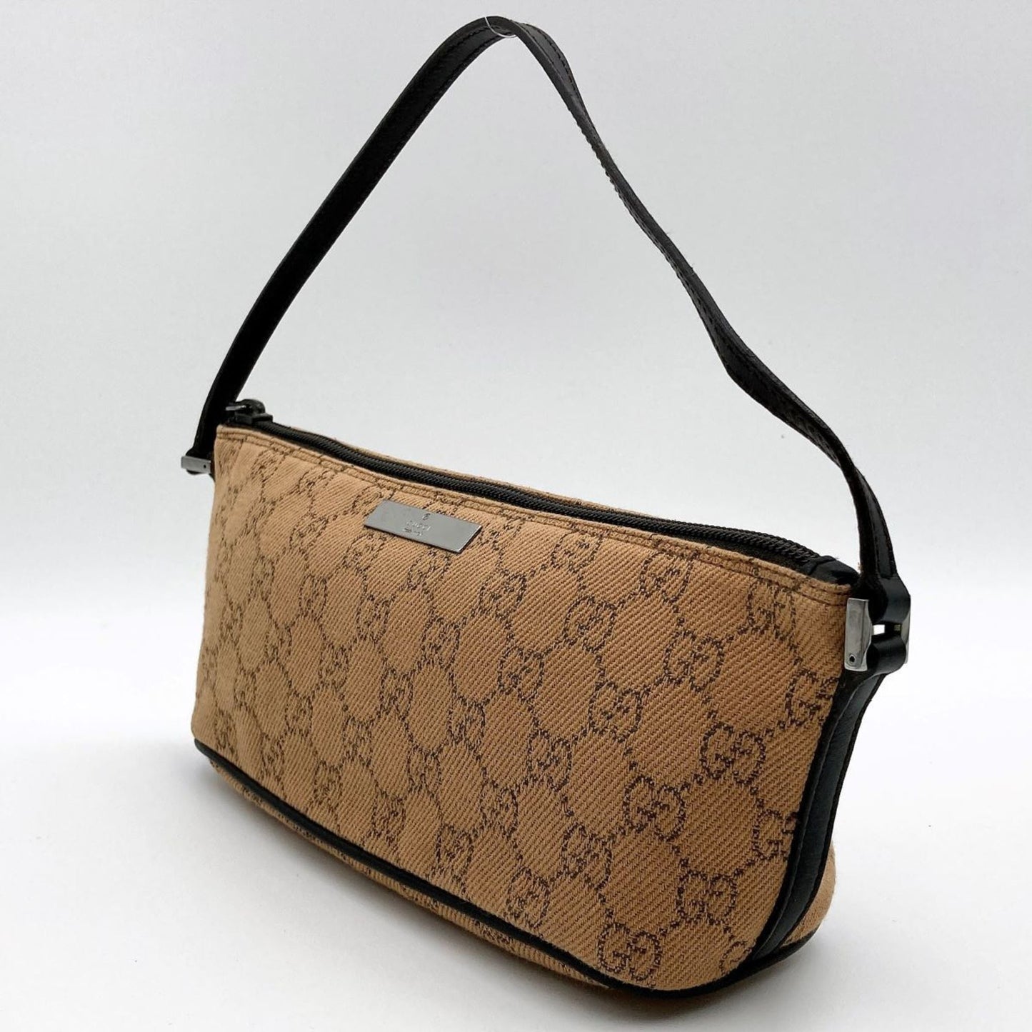 GUCCI 07198 Accessory Pouch Cosmetic Camel x Dark Brown GG Canvas Women's