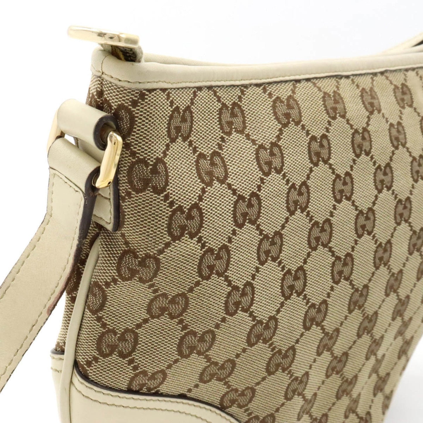 GUCCI GG Canvas Shoulder Bag Leather Khaki Beige Ivory White 169998