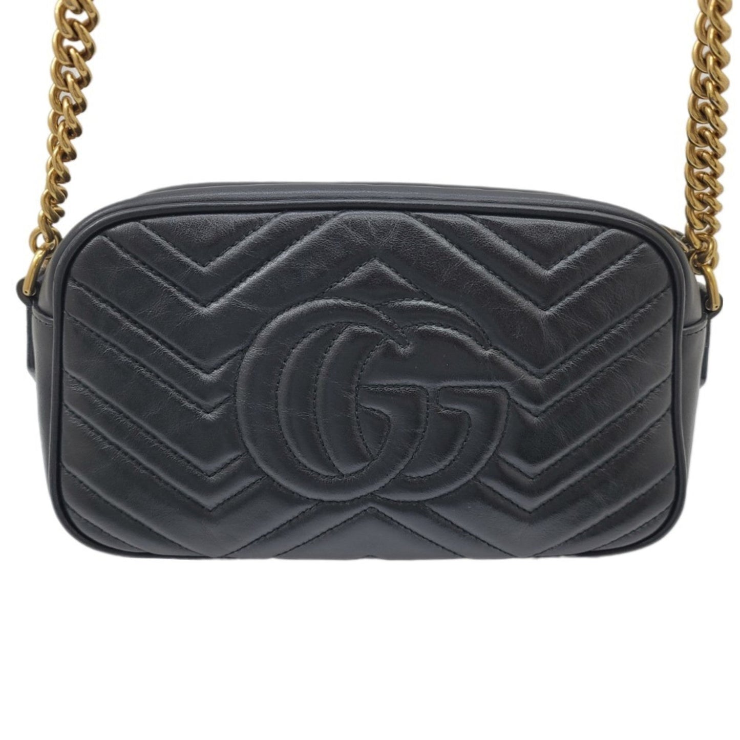 GUCCI GG Marmont Chain Shoulder Bag 447632 Leather Black Gold G Hardware Camera Women Men Unisex