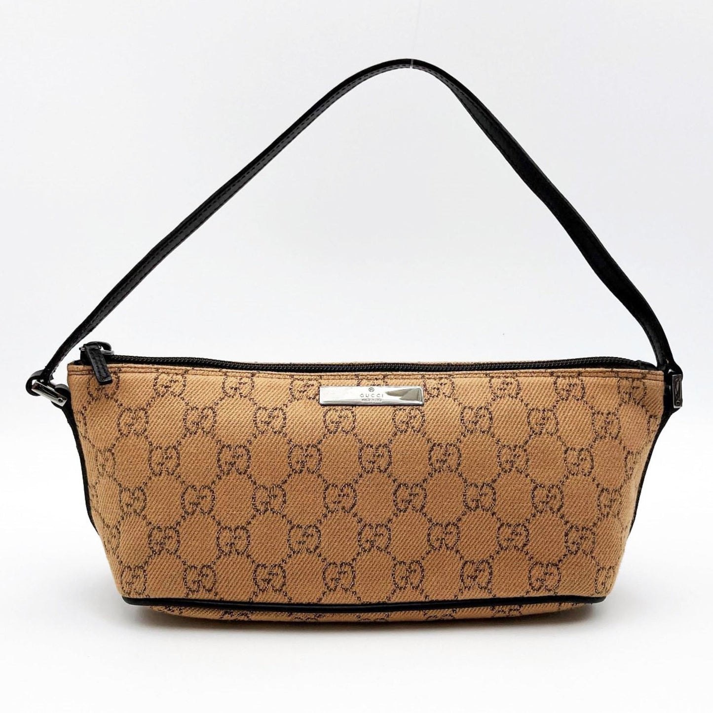 GUCCI 07198 Accessory Pouch Cosmetic Camel x Dark Brown GG Canvas Women's