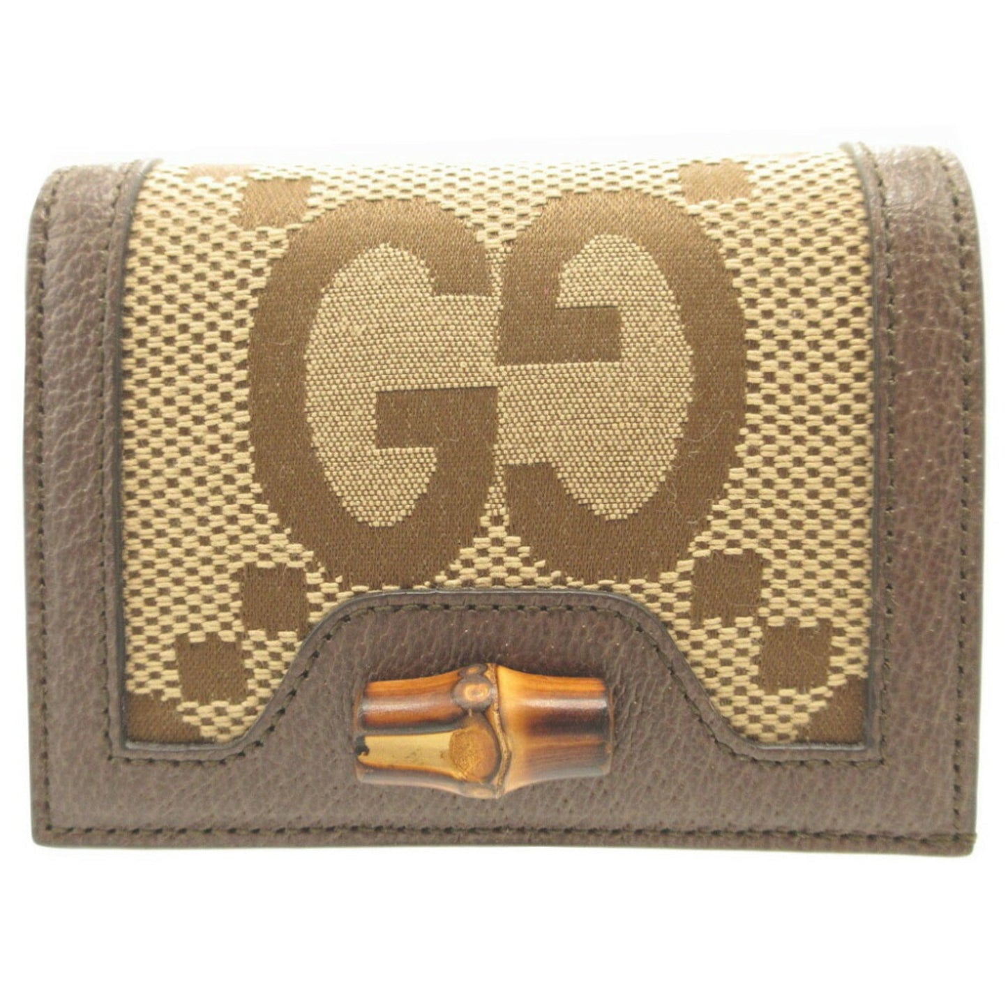 Gucci 658244 Jumbo GG Bamboo Canvas Leather Brown Bifold Wallet 0153
