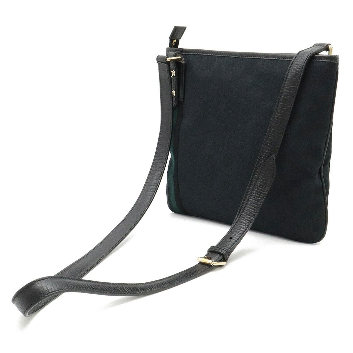 GUCCI GG Canvas Sherry Line Shoulder Bag Leather Black Green 144388