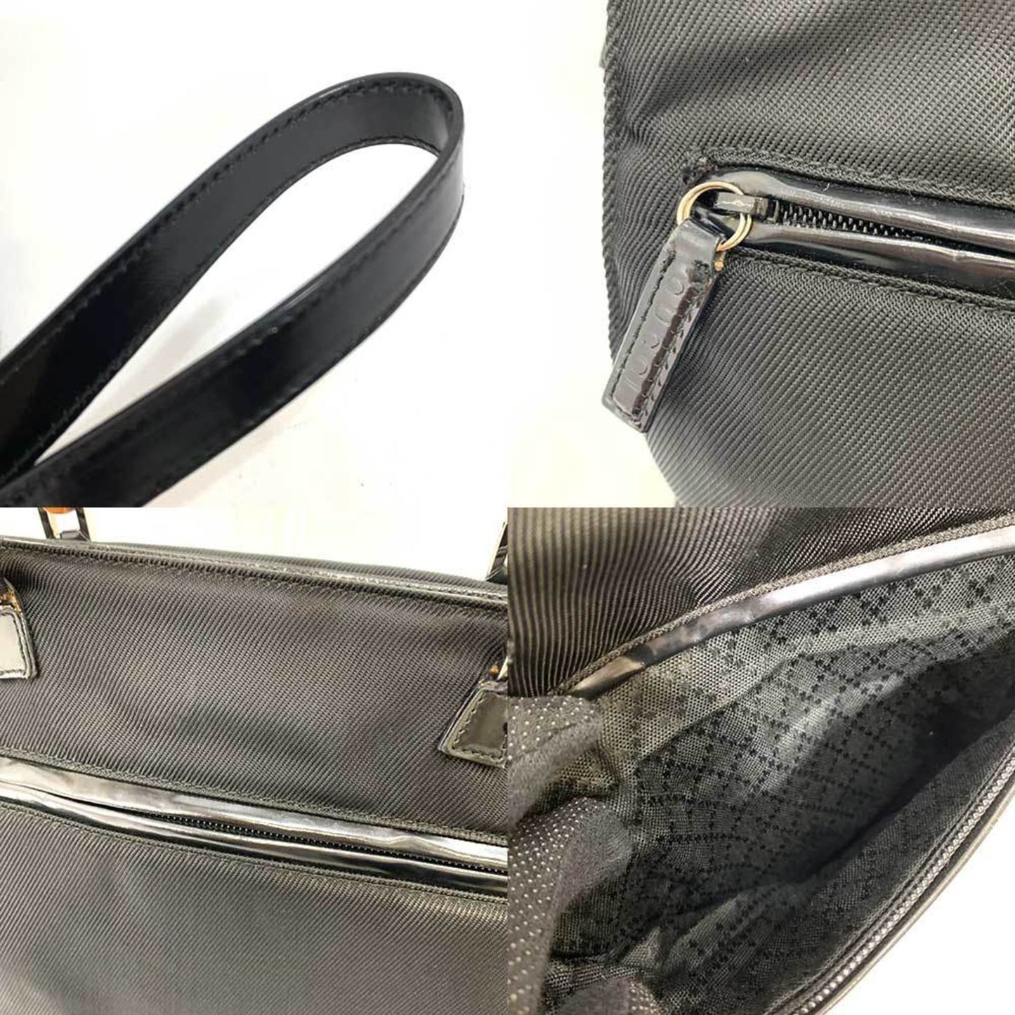 Gucci Bag Bamboo HandBag Black x Brown 2way Square Ladies Nylon Canvas Enamel Leather