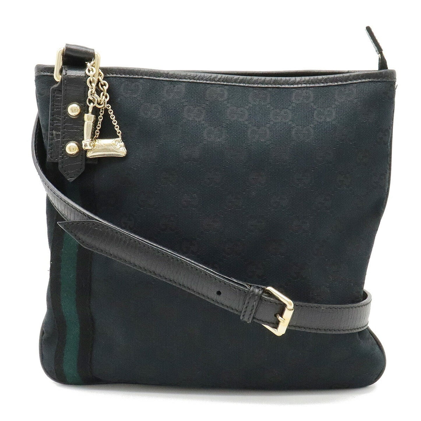 GUCCI GG Canvas Sherry Line Shoulder Bag Leather Black Green 144388