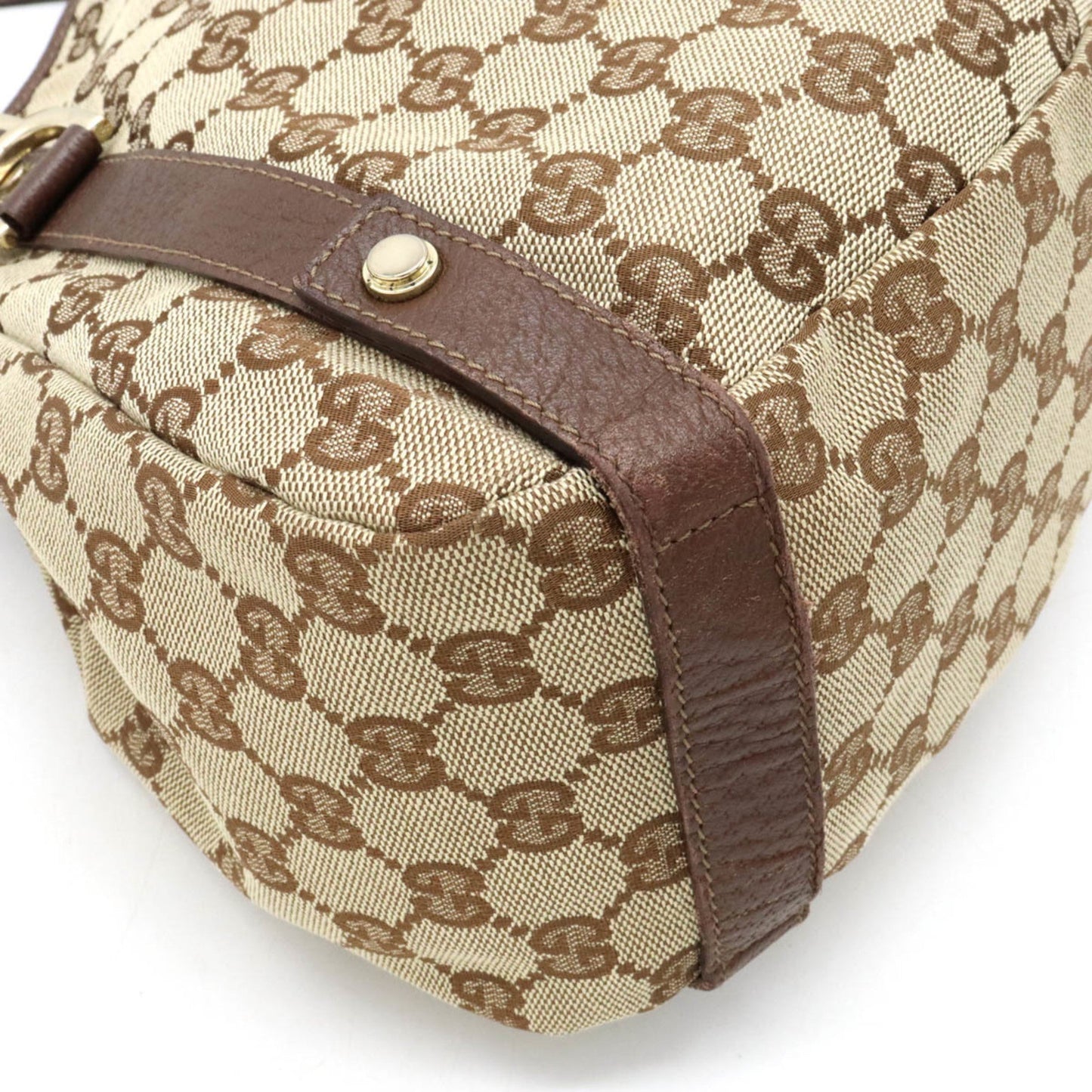GUCCI GG Canvas Tote Bag Shoulder Leather Khaki Beige Dark Brown 130736