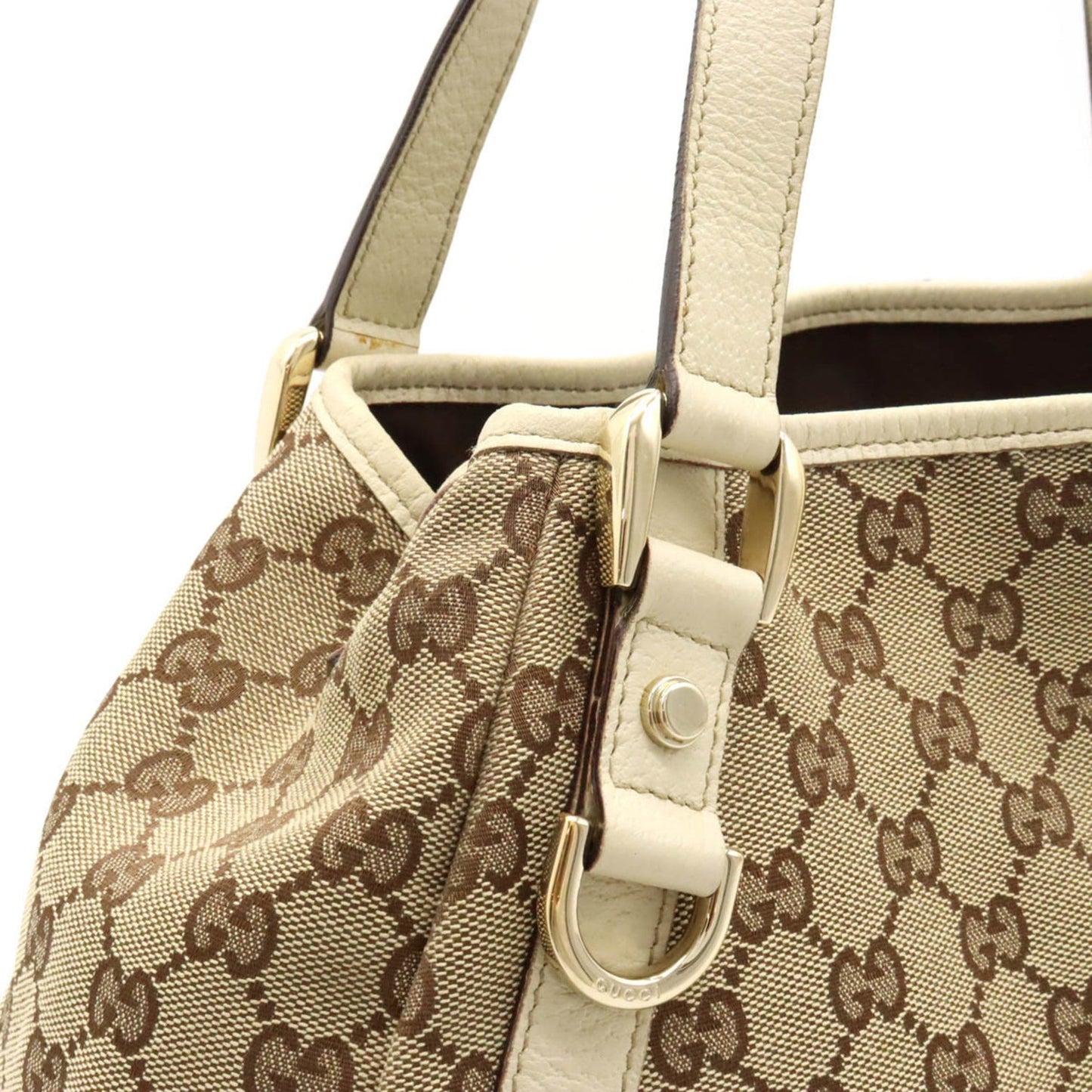 GUCCI GG Canvas Tote Bag Shoulder Leather Khaki Beige Light 130736