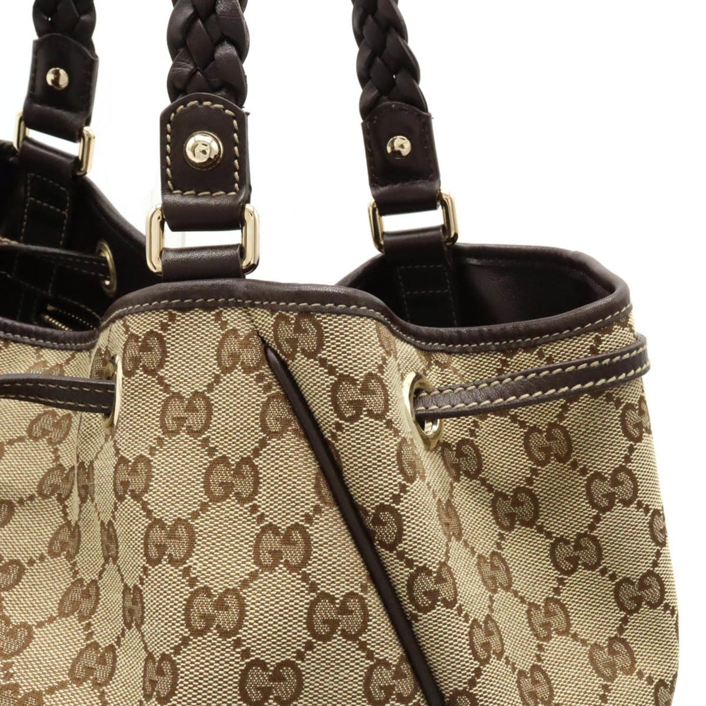 GUCCI GG Canvas Tote Bag Shoulder Tassel Leather Khaki Beige Dark Brown 170206