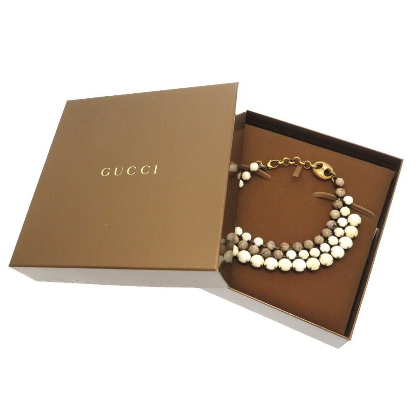 Gucci Triple Stone Gold Chain Choker Necklace Ivory Gray 0358 GUCCI