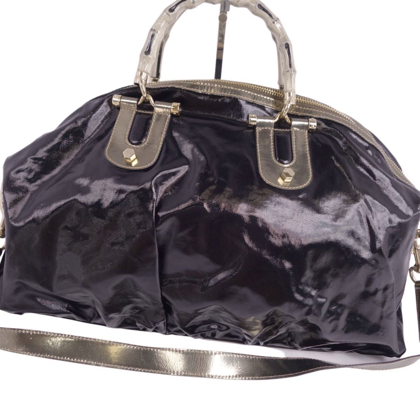 GUCCI bag 2way Boston canvas leather bamboo men's women's black/gold