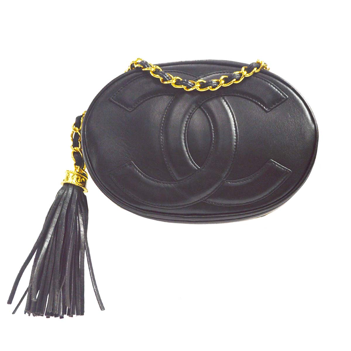 CHANEL 1989-1991 Oval Shoulder Bag Black Lambskin