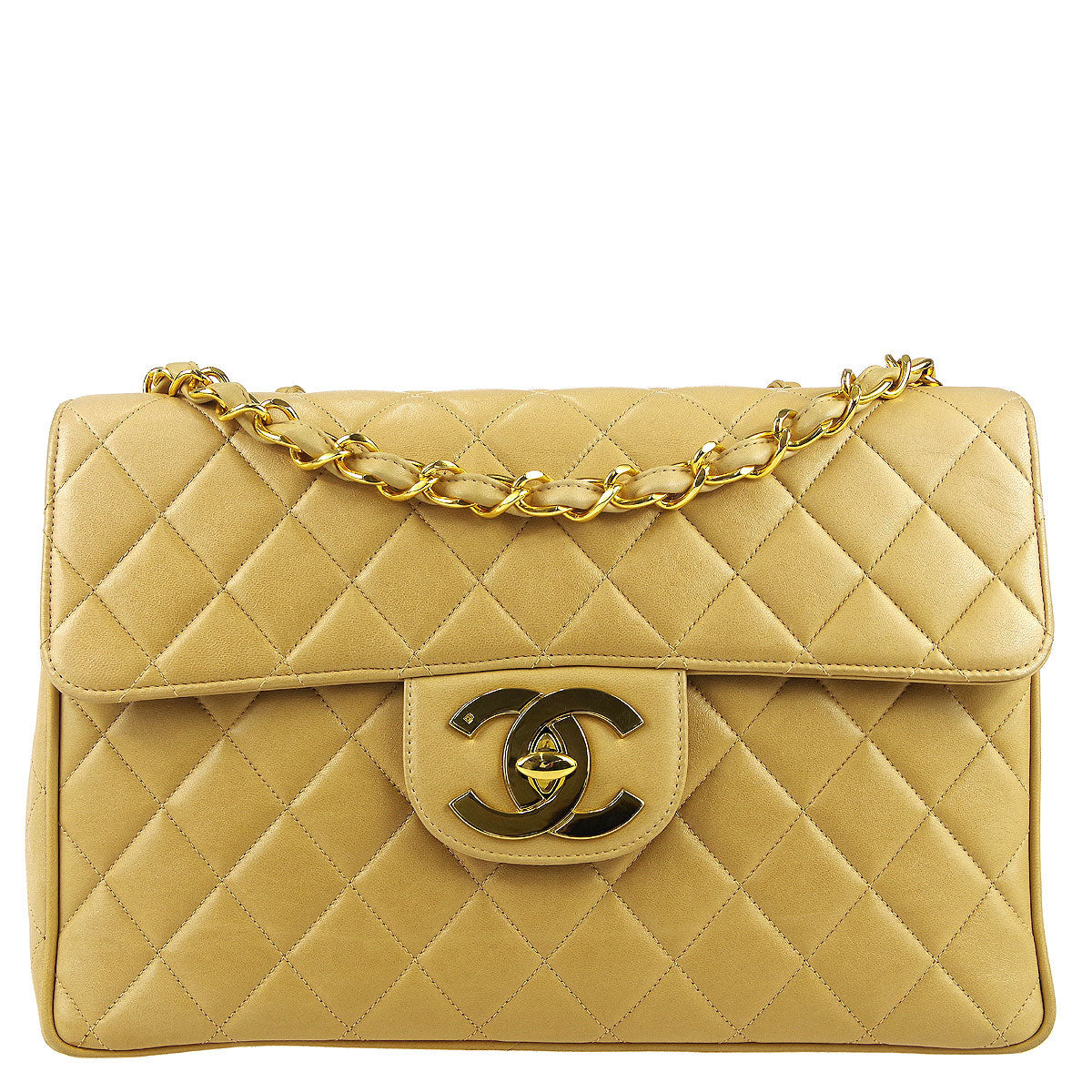 Chanel * Classic Flap Jumbo Double Chain Shoulder Bag Beige Lambskin