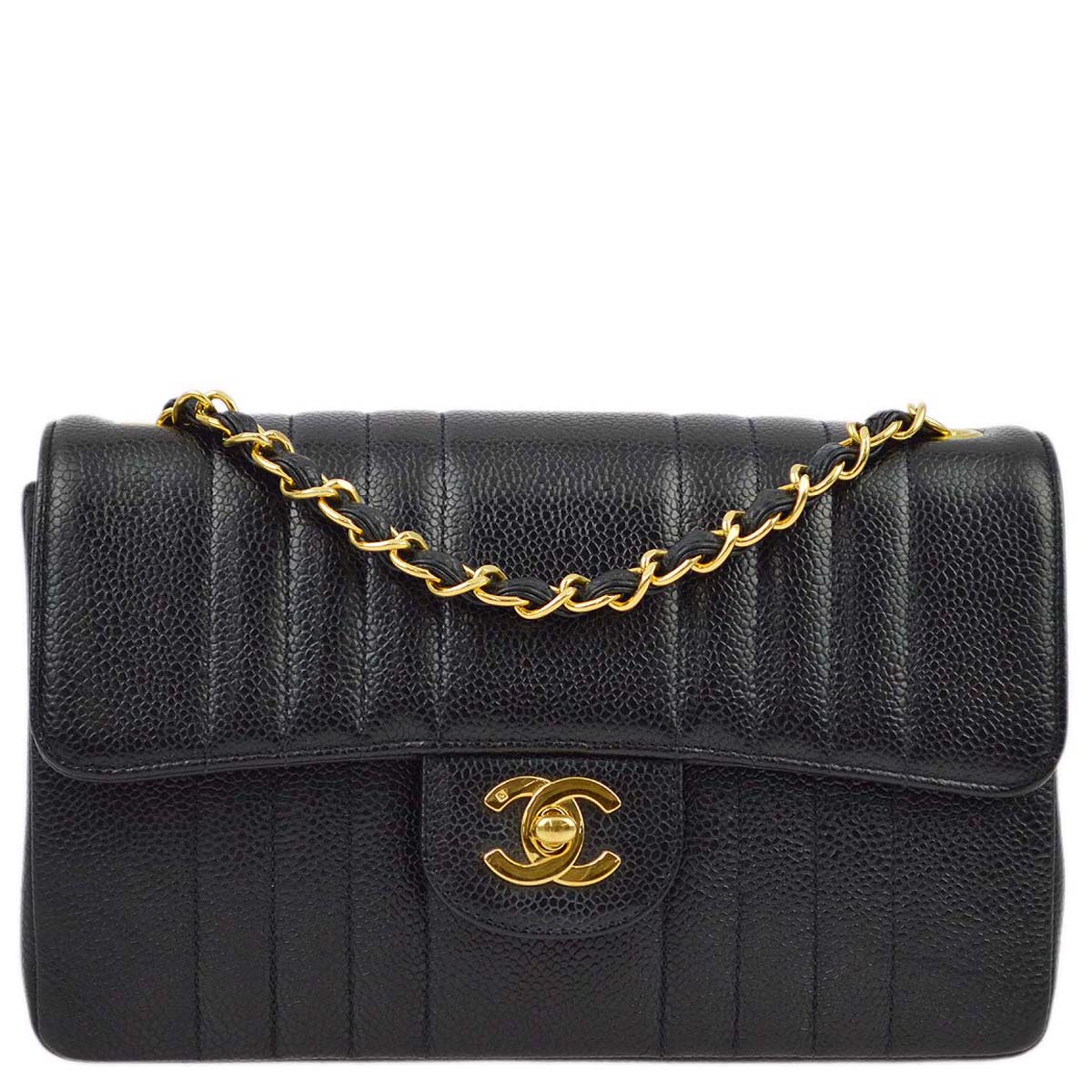 Chanel 1991-1994 Black Caviar Classic Flap Mademoiselle Chain Shoulder Bag