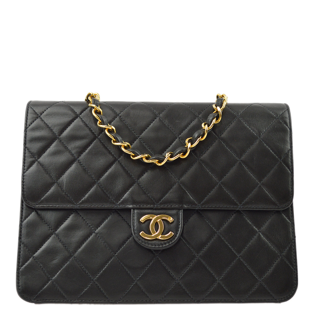 Chanel 1997-1999 Black Lambskin Pushlock Small Half Flap Shoulder Bag