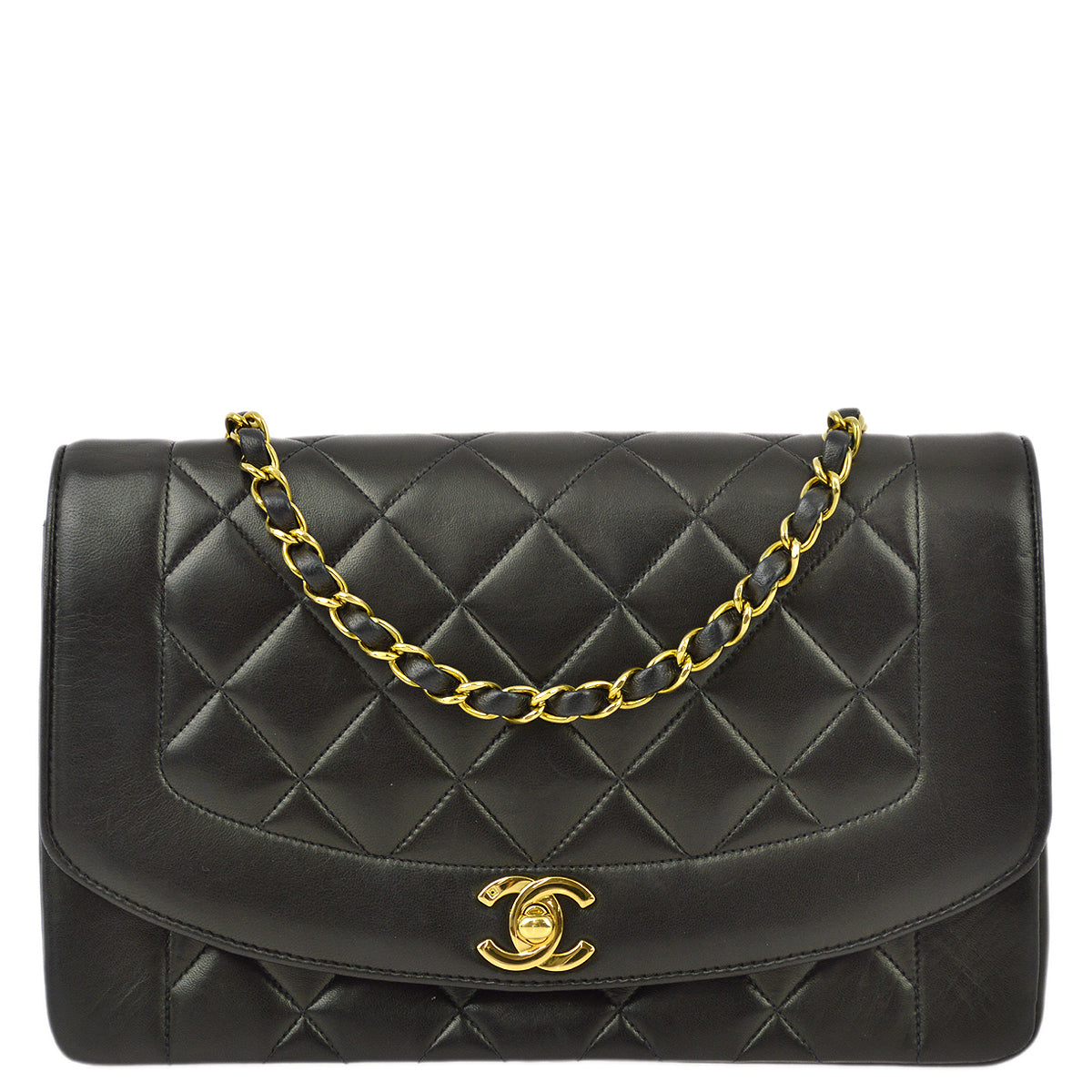 Chanel 1991-1994 Black Lambskin Medium Diana Shoulder Bag