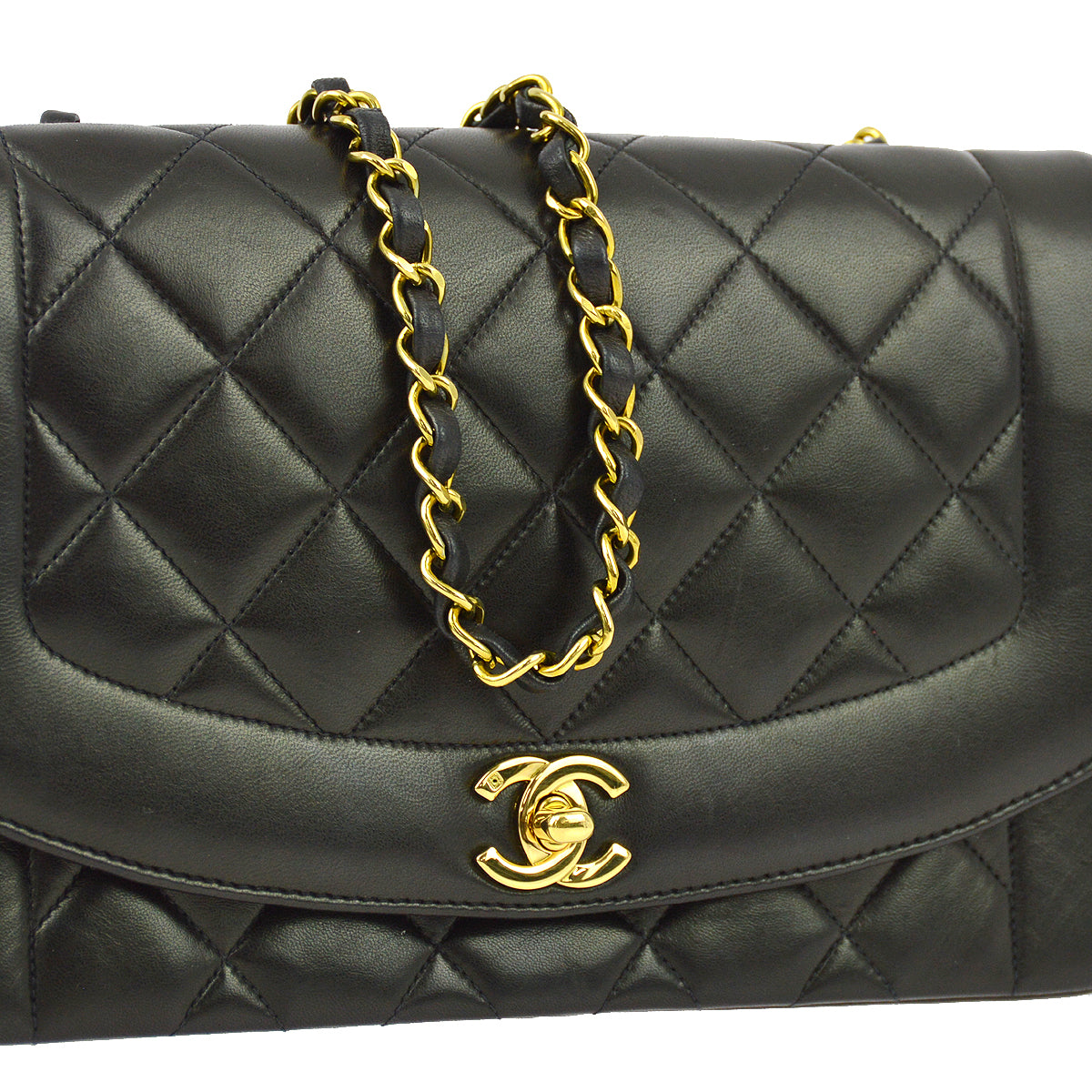Chanel 1991-1994 Black Lambskin Medium Diana Shoulder Bag