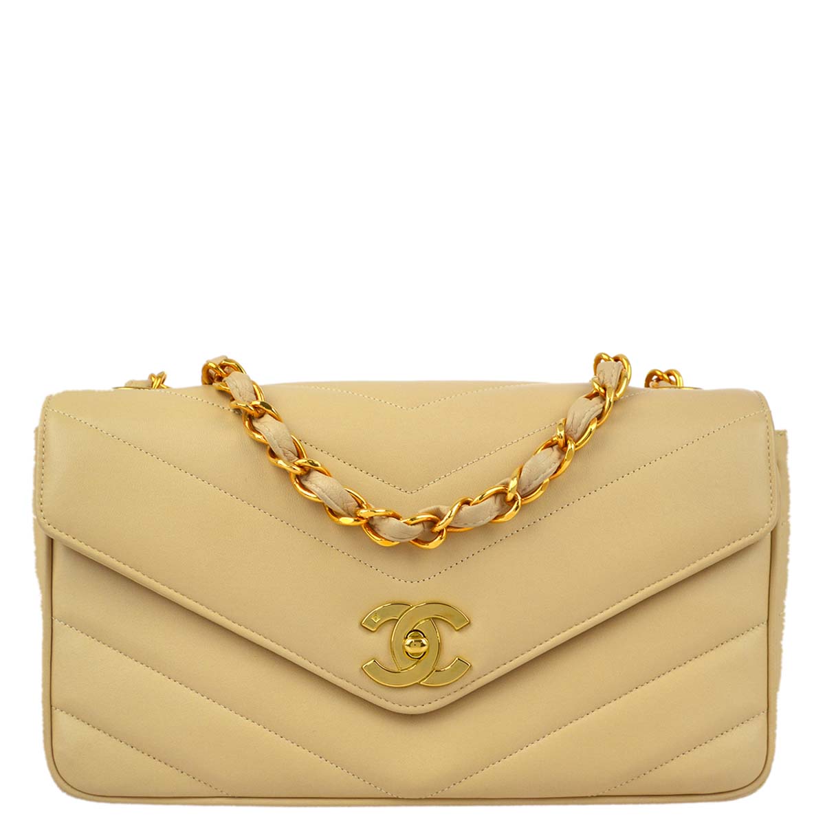 Chanel 1994-1996 Beige Lambskin Chevron Shoulder Bag
