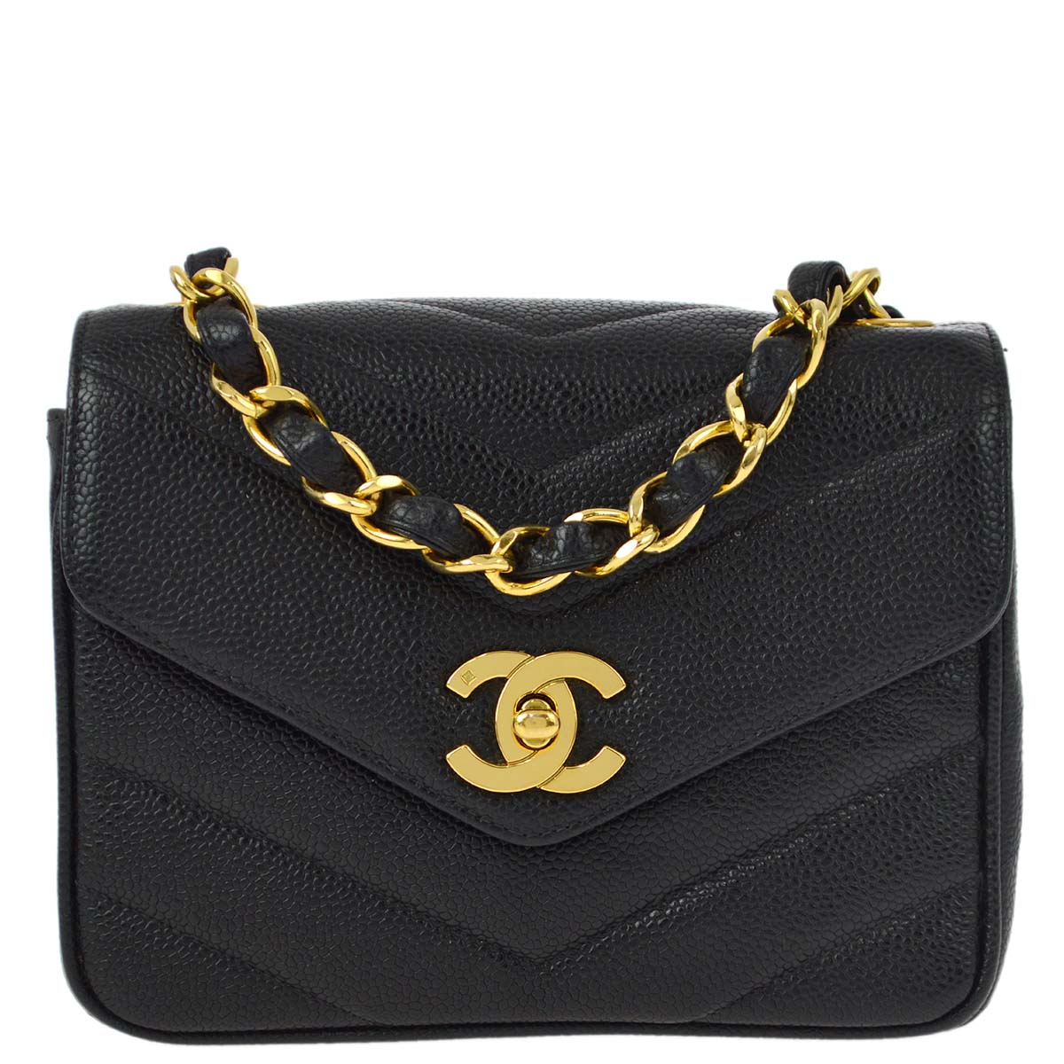 Chanel 1994-1996 Black Caviar Chevron Mini Square Shoulder Bag 17