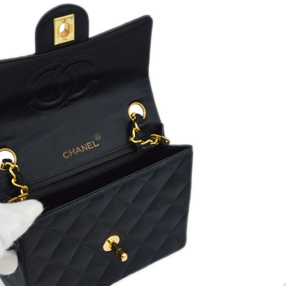 Chanel 2006-2008 Black Satin Mini Classic Square Flap Shoulder Bag 17
