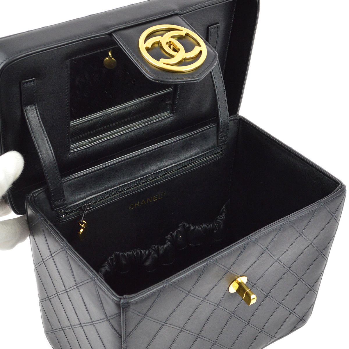 Chanel 1994-1996 Black Lambskin Bicolore Vanity 2way Shoulder Handbag