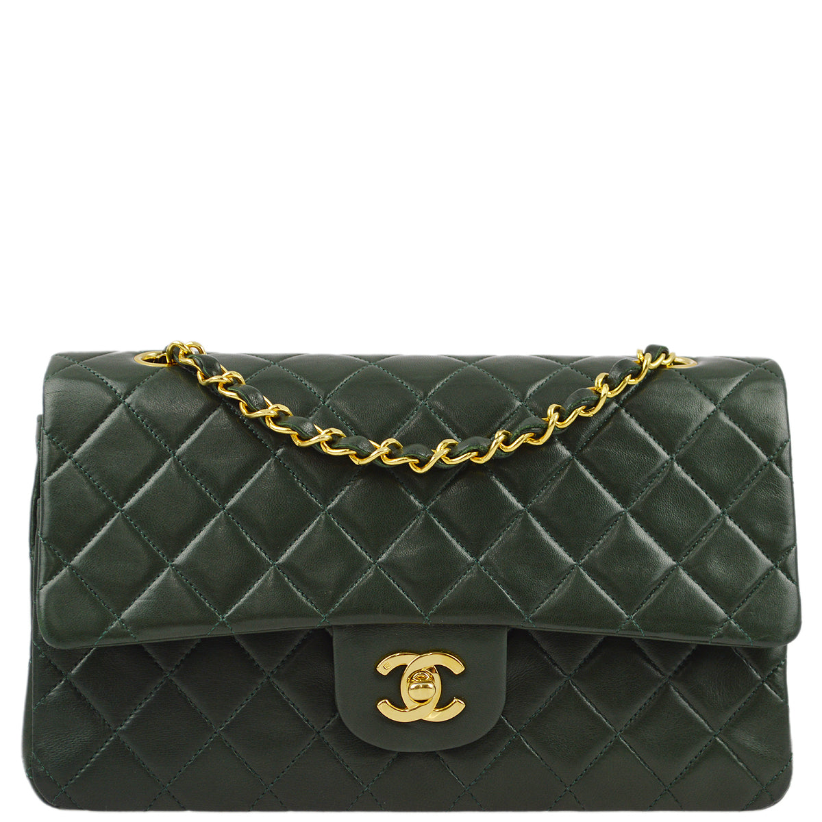 Chanel * 1989-1991 Green Lambskin Medium Classic Double Flap Shoulder Bag