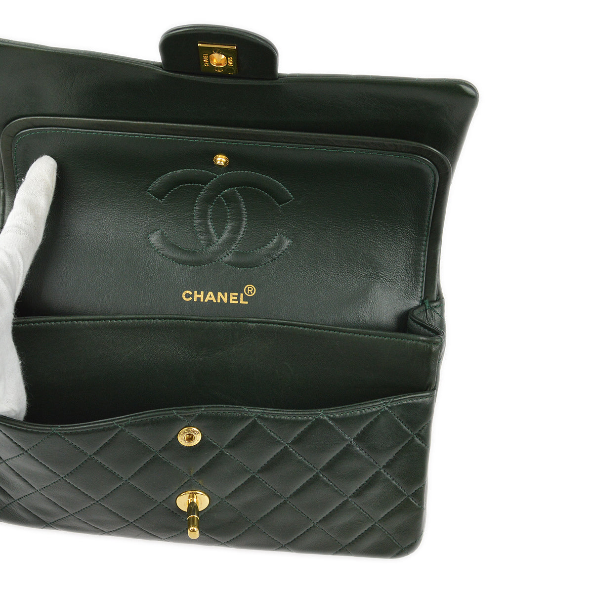 Chanel * 1989-1991 Green Lambskin Medium Classic Double Flap Shoulder Bag