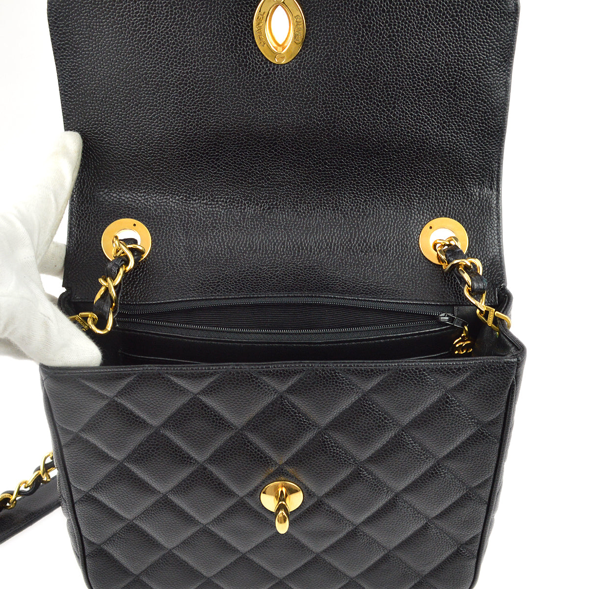 Chanel 1994-1996 Black Caviar Straight Flap Chain Shoulder Bag