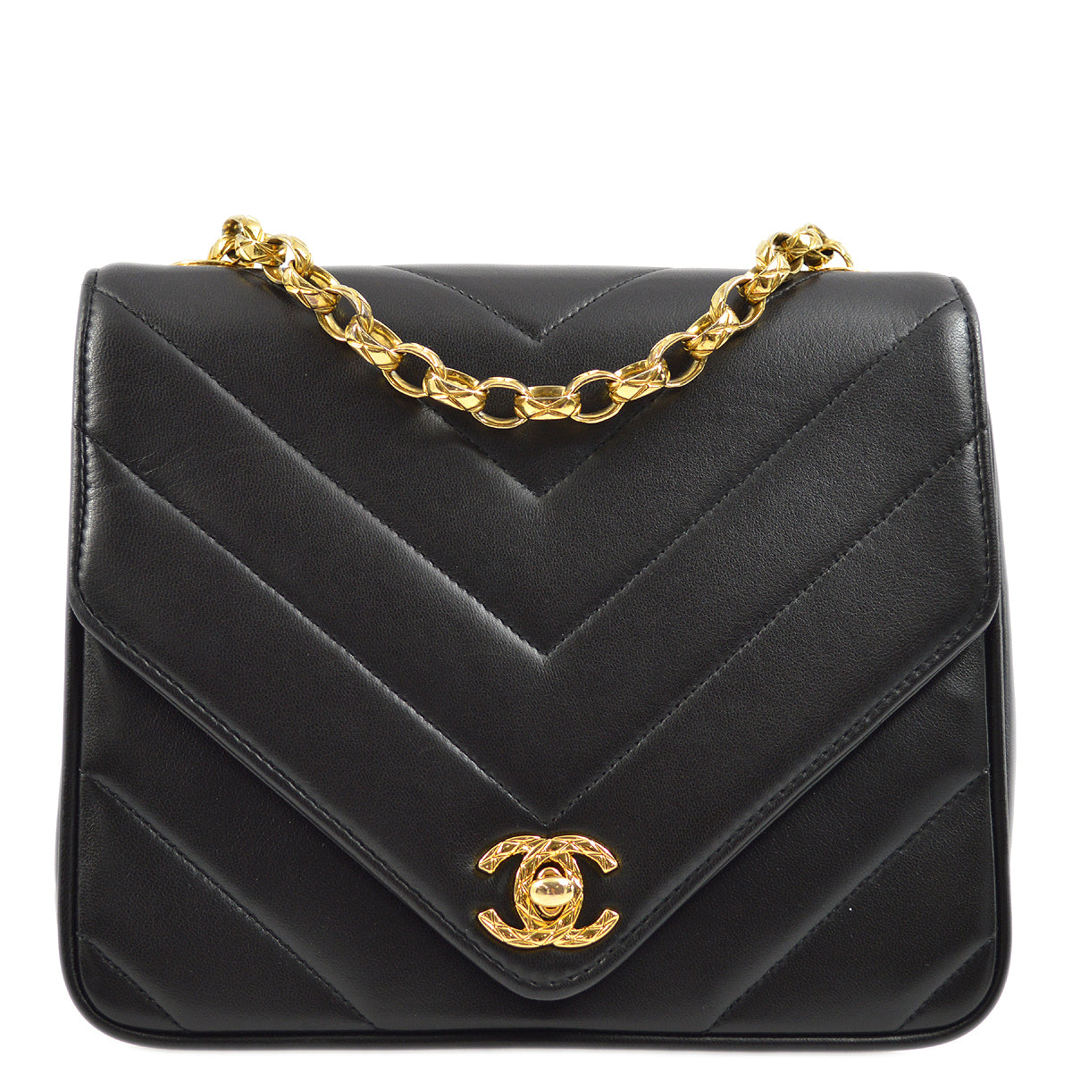 Chanel 1991-1994 Black Lambskin Chevron Chain Shoulder Bag