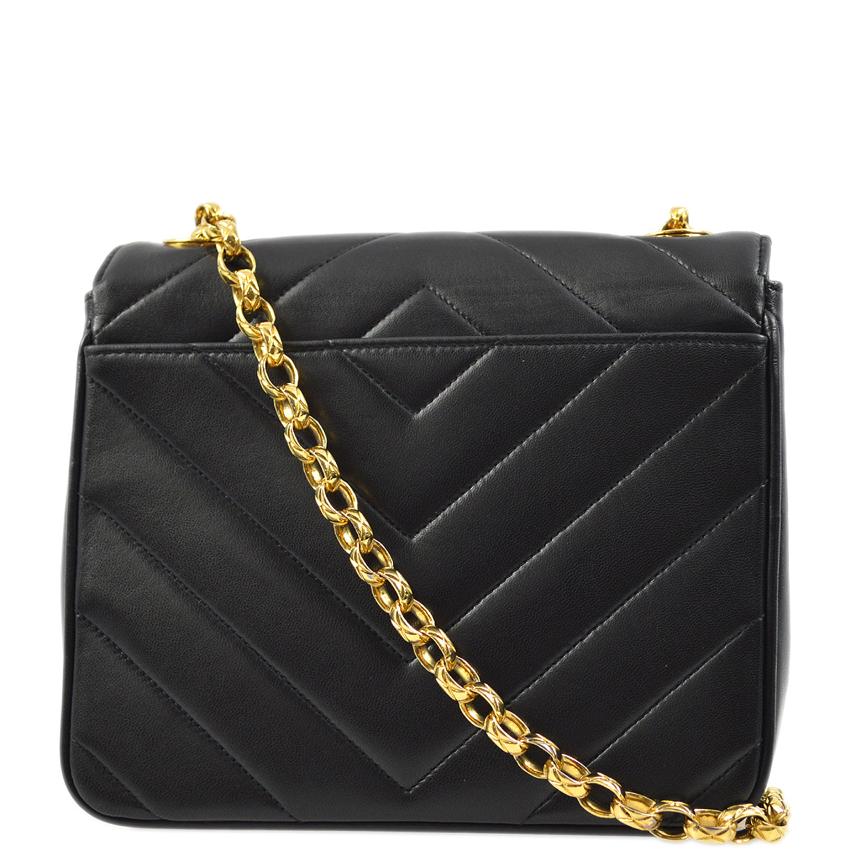 Chanel 1991-1994 Black Lambskin Chevron Chain Shoulder Bag