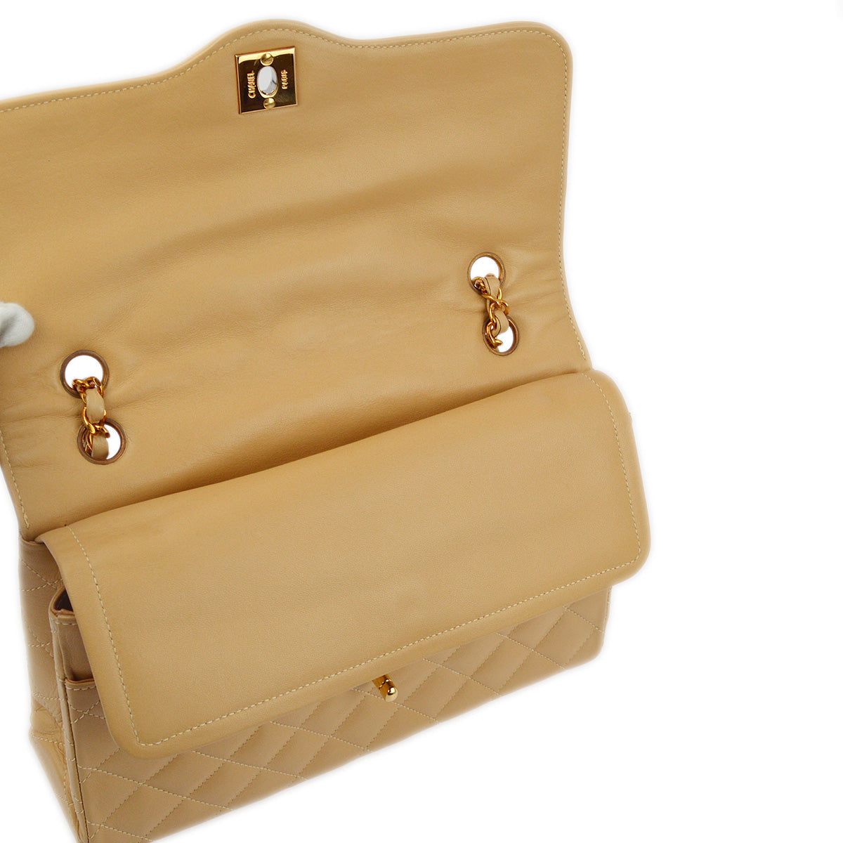 Chanel 1991-1994 Beige Lambskin Paris Limited Medium Double Flap Shoulder Bag