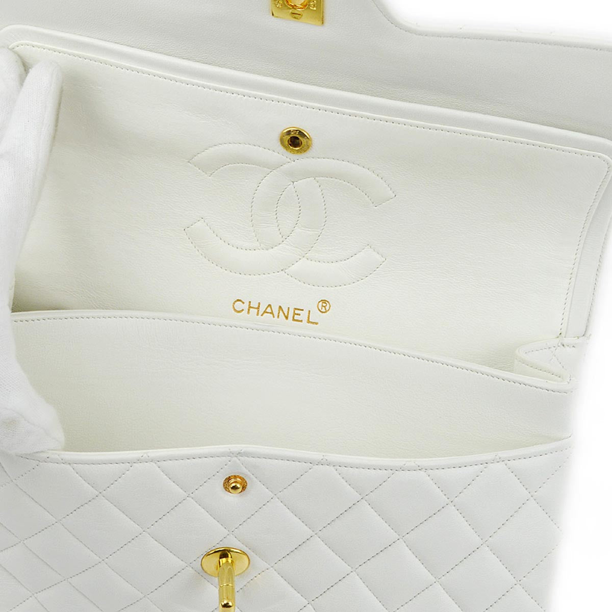 Chanel 1991-1994 White Lambskin Medium Double Flap Shoulder Bag