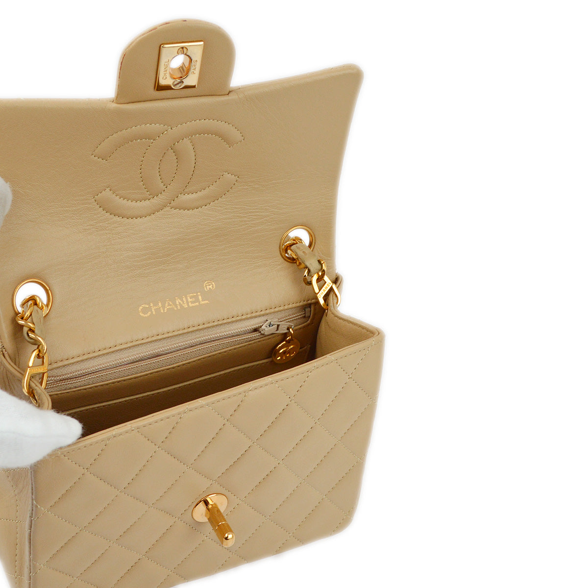 Chanel 1991-1994 Beige Lambskin Mini Classic Square Flap Shoulder Bag 17