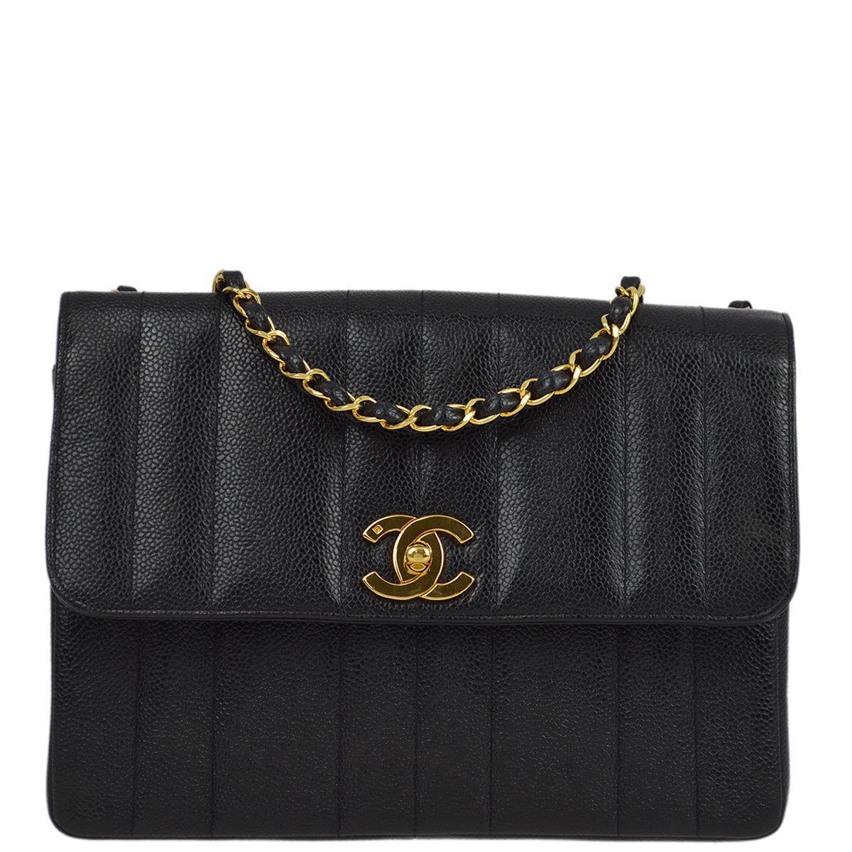 Chanel 1994-1996 Black Caviar Mademoiselle Straight Flap Shoulder Bag
