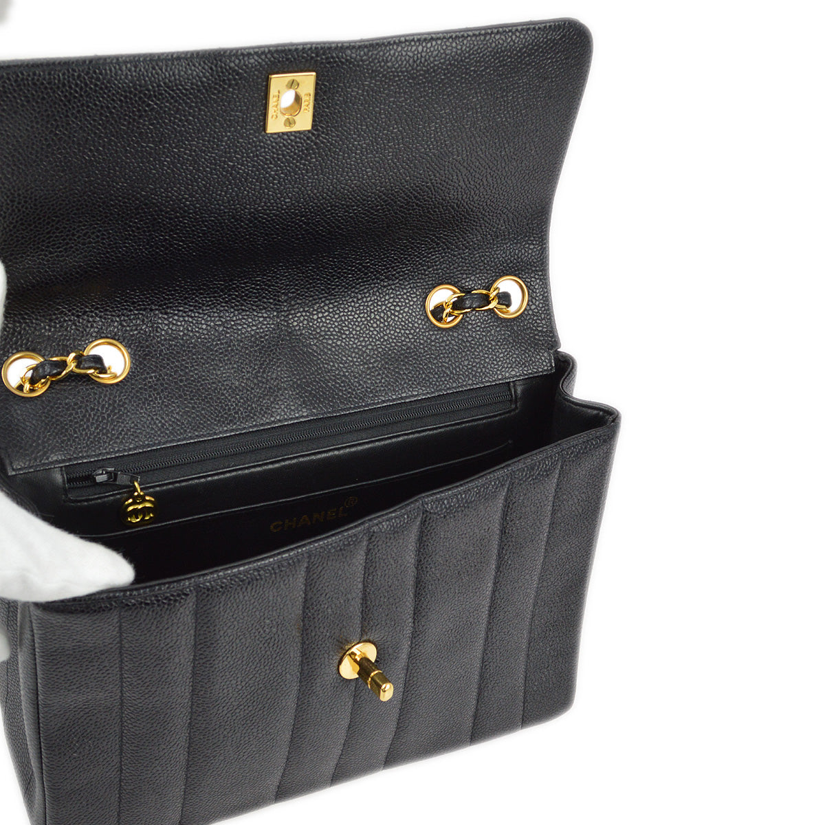 Chanel 1994-1996 Black Caviar Mademoiselle Straight Flap Shoulder Bag