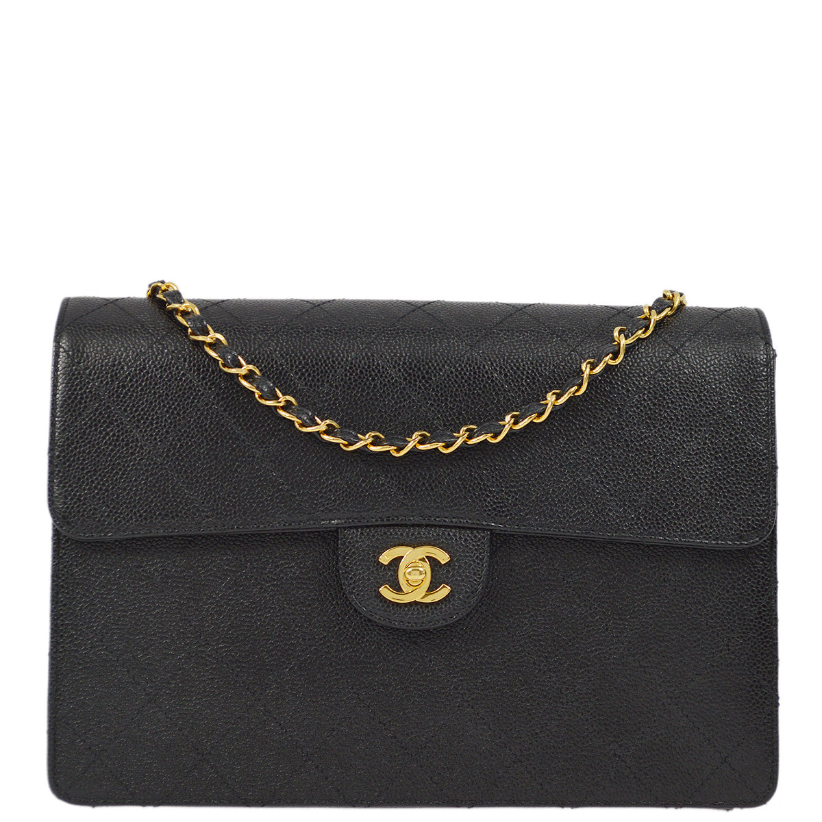 Chanel 1997-1999 Black Caviar Jumbo Classic Flap Shoulder Bag