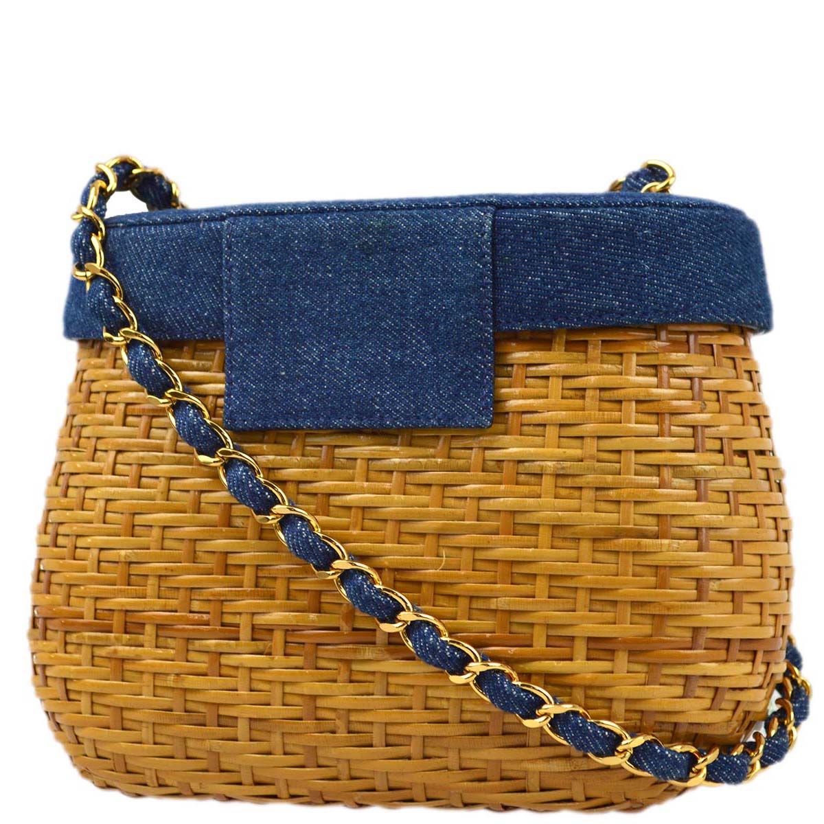 Chanel * 1997-1999 Beige Rattan Denim Basket Chain Shoulder Bag