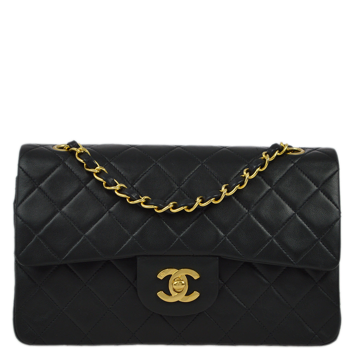 Chanel 1991-1994 Black Lambskin Small Classic Double Flap Shoulder Bag