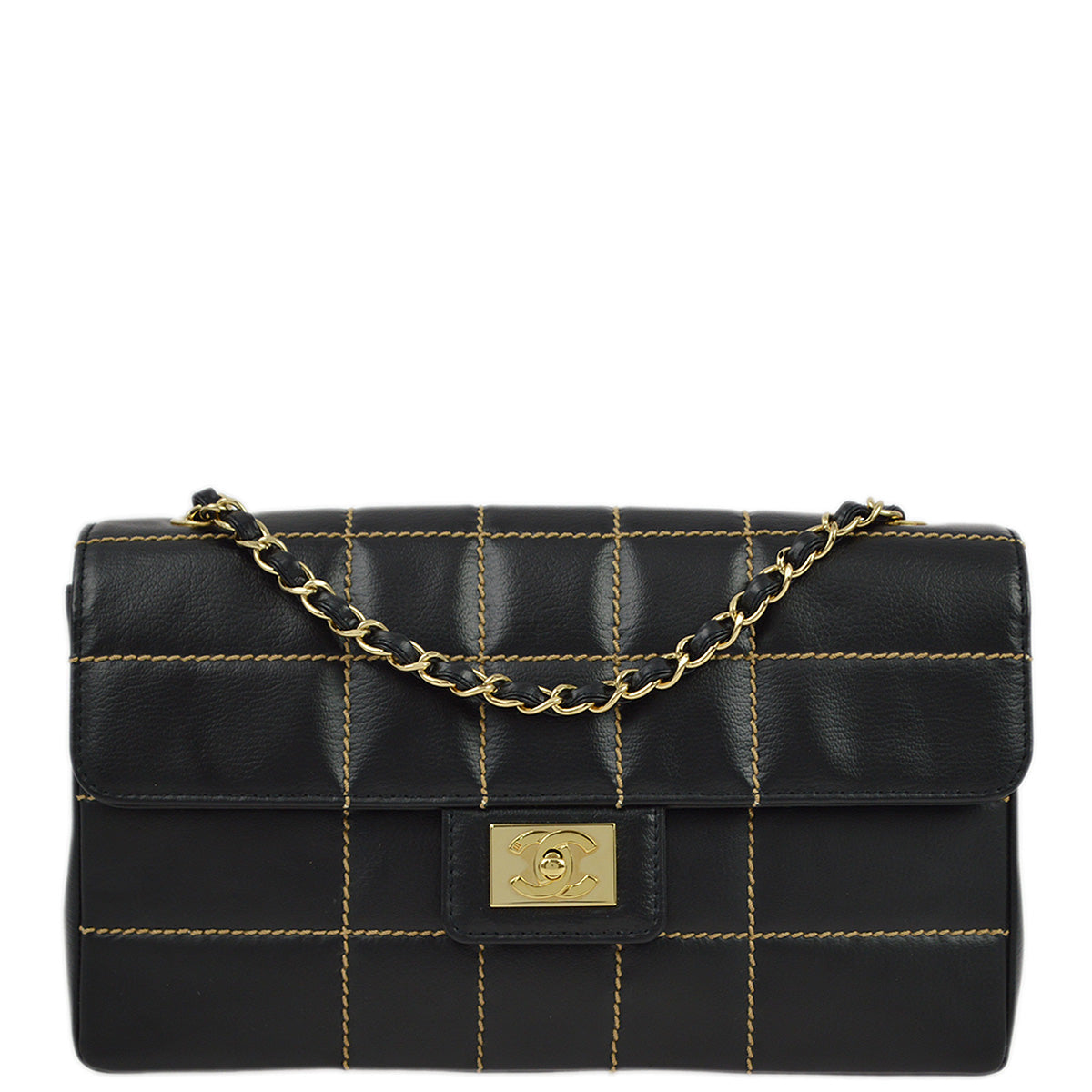 Chanel 2001-2003 Black Calfskin Wild Stitch Choco Bar Single Flap Shoulder Bag