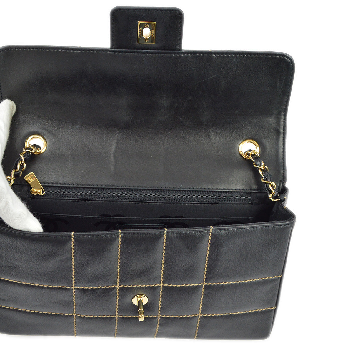 Chanel 2001-2003 Black Calfskin Wild Stitch Choco Bar Single Flap Shoulder Bag