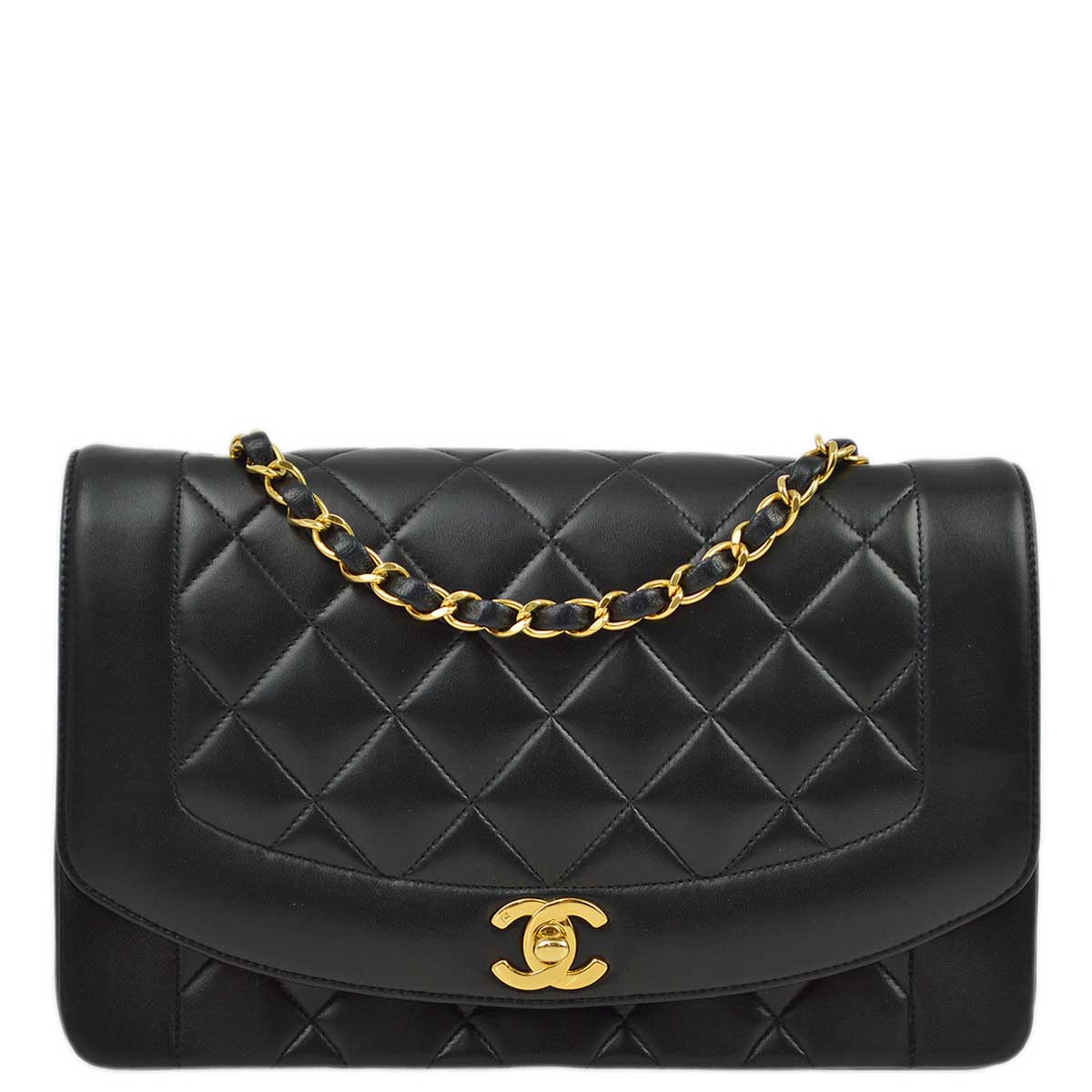 Chanel 1991-1994 Black Lambskin Medium Diana Shoulder Bag