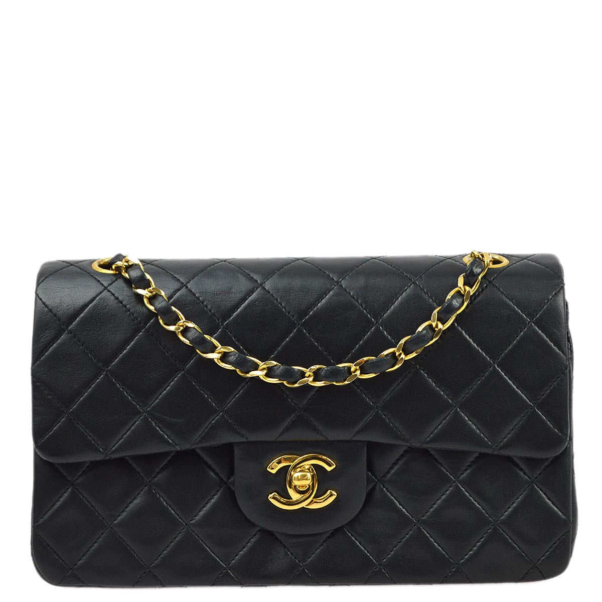 Chanel 1986-1988 Black Lambskin Small Classic Double Flap Shoulder Bag