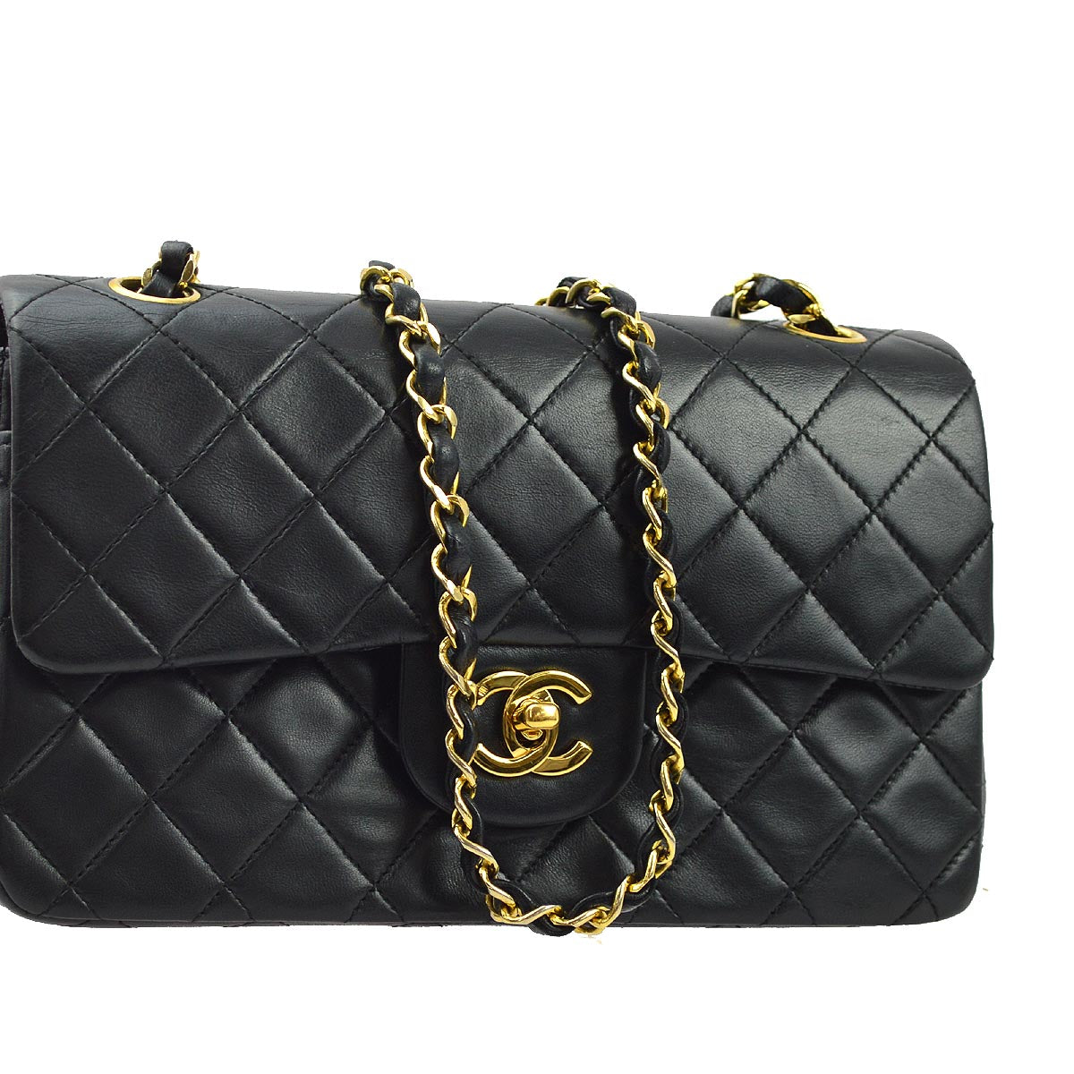 Chanel 1986-1988 Black Lambskin Small Classic Double Flap Shoulder Bag