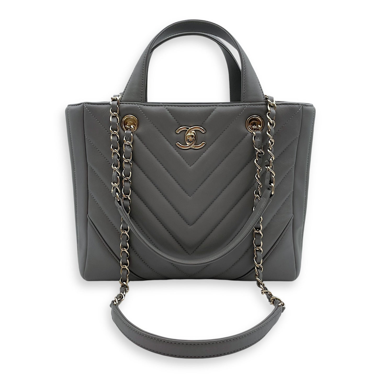 Chevron Print Seasonal Tote 25x21x9cm Grey Shoulder Bag in Lambskin, Gold hardware