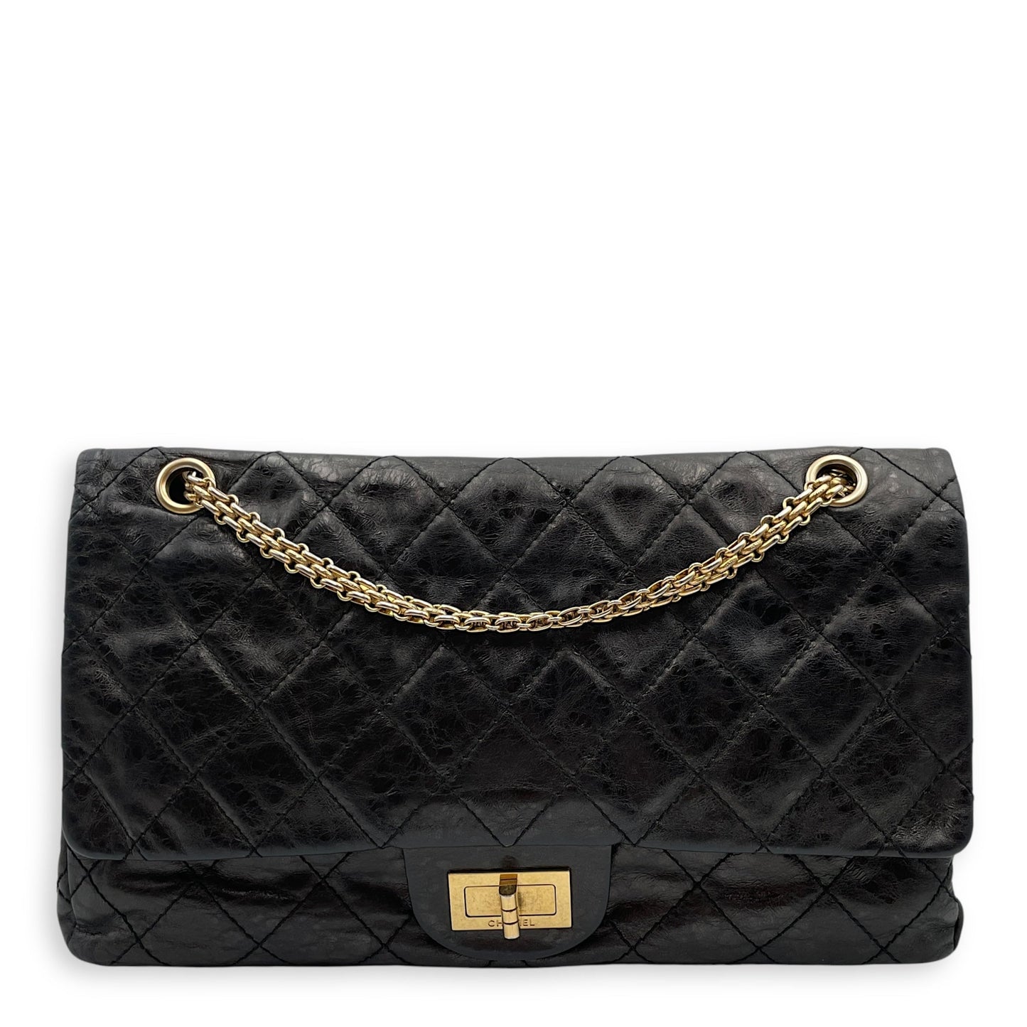 2.55 Reissue (31cm) Black Shoulder Bag in Distressed Leather, Gold hardware