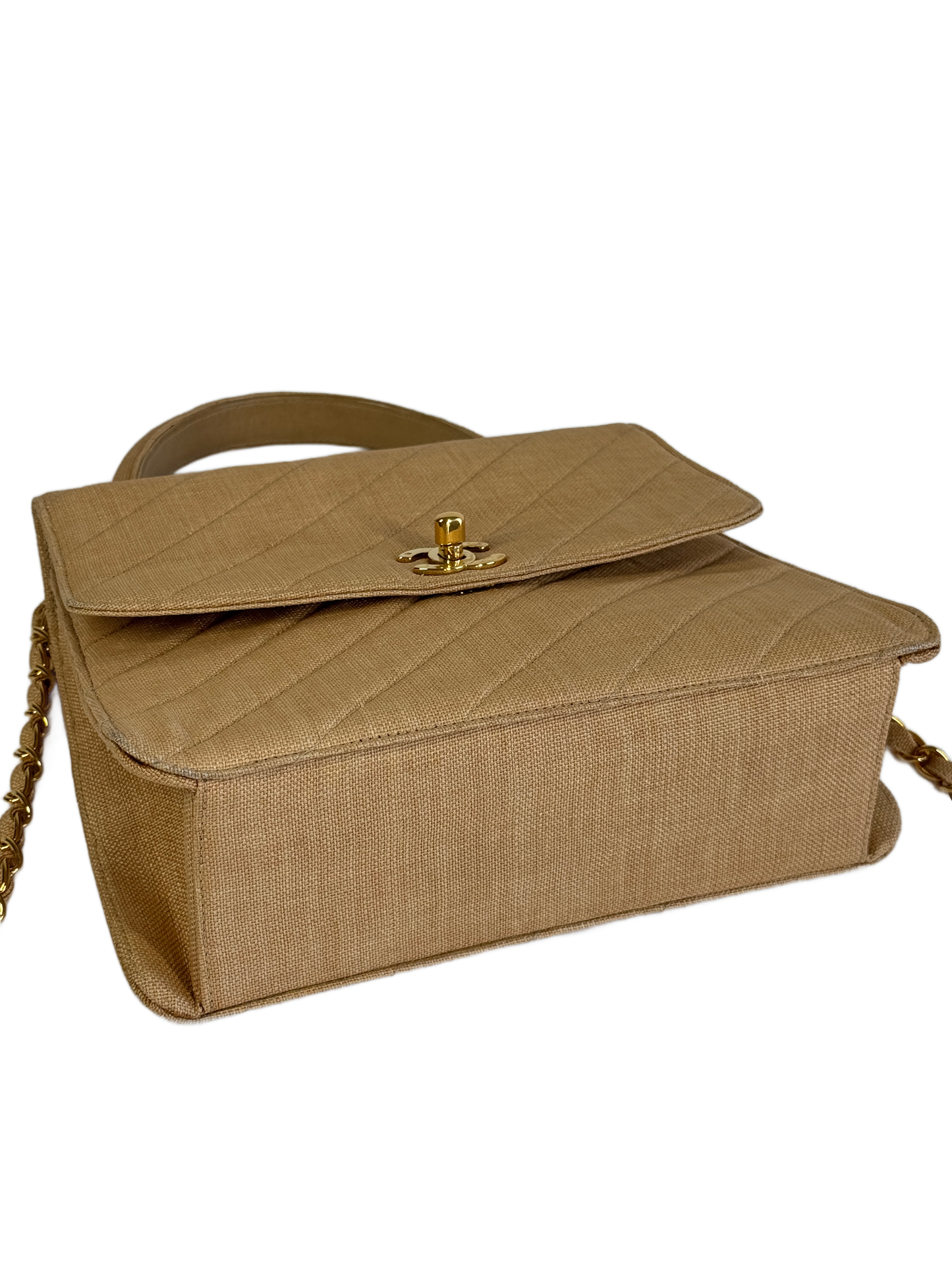 Chanel Vintage 90s Beige Linen Medium Kelly Top Handle & Shoulder Bag