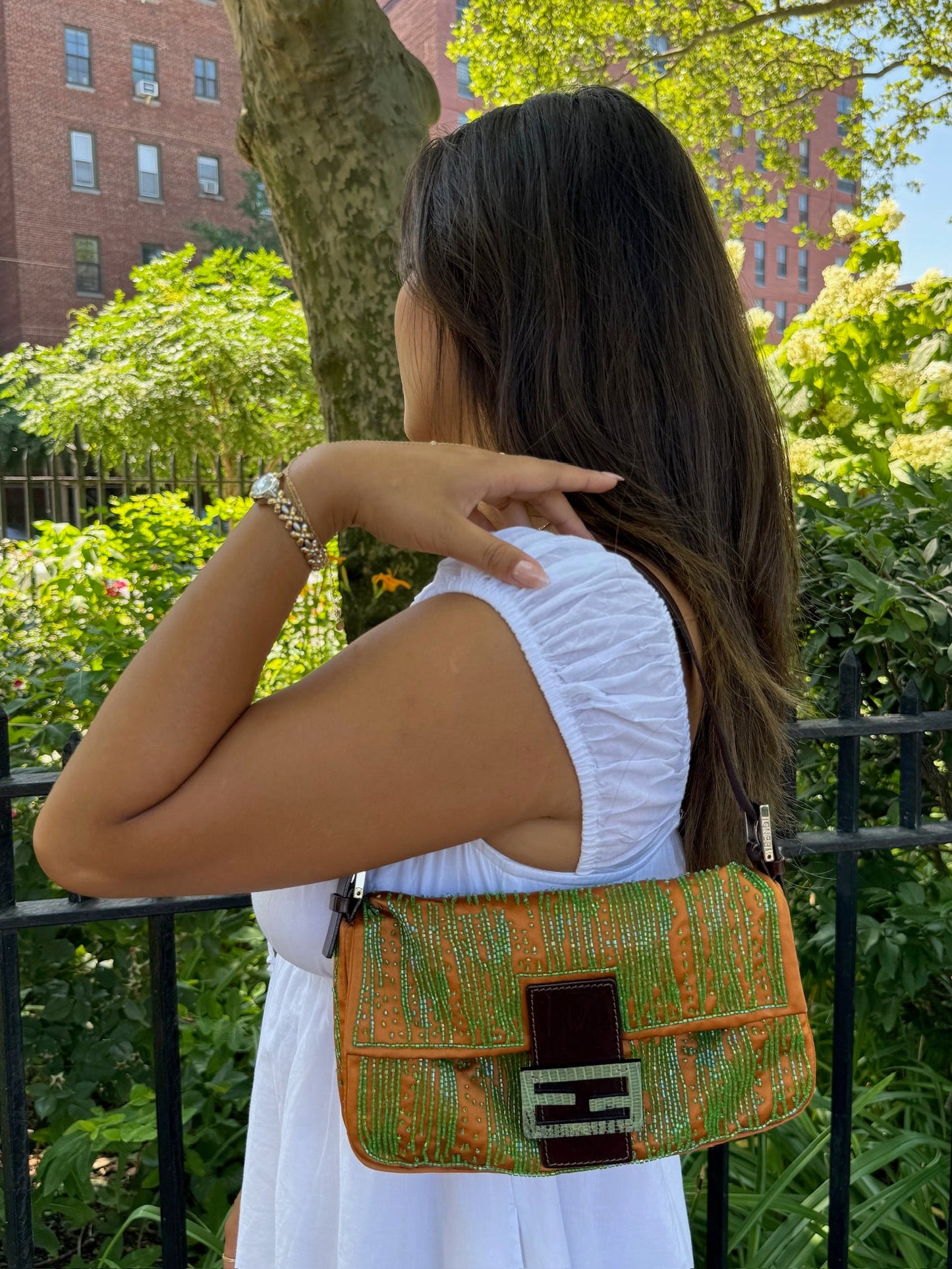 Fendi Vintage Orange Satin Green Beaded Lizard Logo Shoulder Baguette Bag