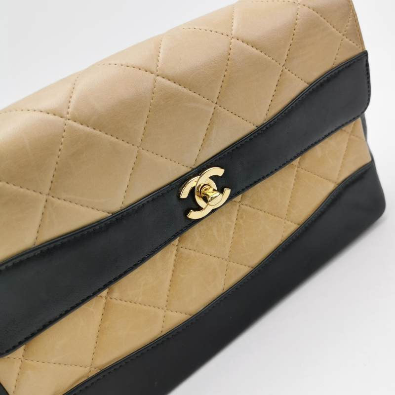 Chanel Matelasse 2.55 Bi-color Beige and Black Lambskin Leather Strap Shoulder Bag, 2000-2002