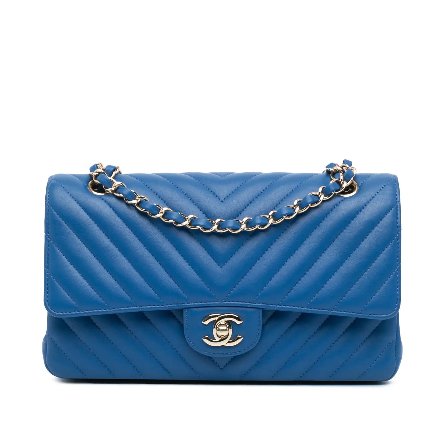 Blue Chanel Medium Classic Chevron Lambskin Double Flap Shoulder Bag